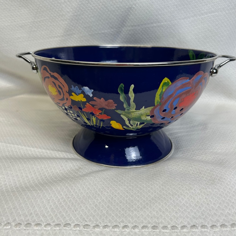 Pioneer Woman Cobalt Blue Floral Enamel Colander Pedestal Strainer 5 qt.